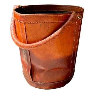 Patinated Saddle Leather Waste Basket with Handle and Brass Details, France, 1960s For Sale