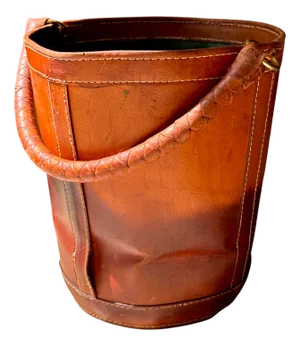 Patinated Saddle Leather Waste Basket with Handle and Brass Details, France, 1960s