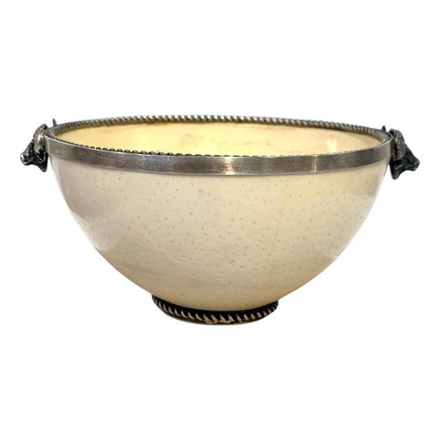 A. Kuger Sterling Silver Mounted Ostrich Egg Bowl with Buffalo Head Handles For Sale