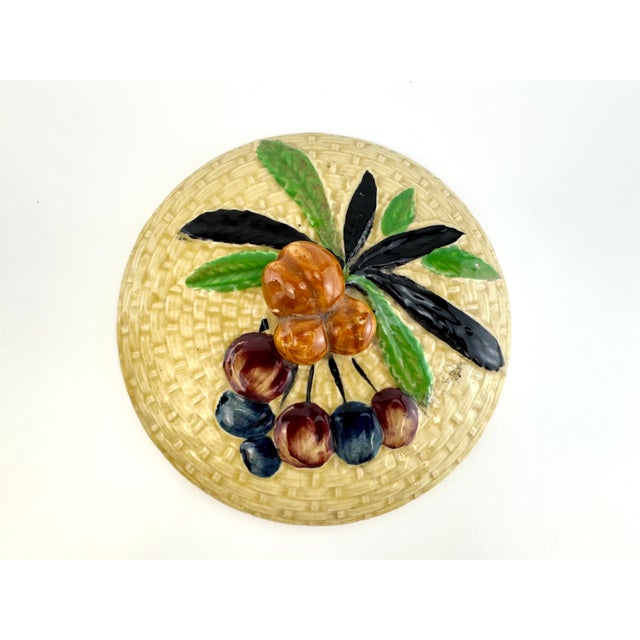 Wood Vintage Japanese Majolica Fruit & Basket Weave Biscuit Jar With Rattan Handle For Sale - Image 7 of 13