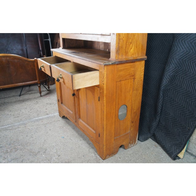 Wood Antique Oak Stepback Farmhouse Hutch Cupboard Pie Safe Kitchen Cabinet For Sale - Image 7 of 14