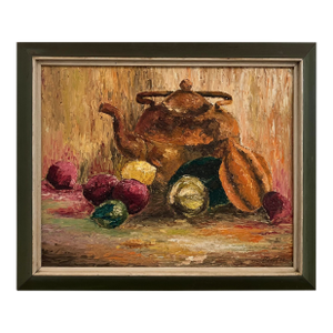 1950s Vintage Rustic Still Life Oil Painting With Copper Kettle & Fruit, Framed