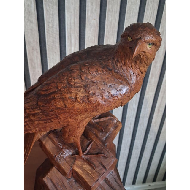 Brienz Swiss Woodcarvers, Eagle Sculpture, 1920s, Glass and Wood For Sale - Image 14 of 18