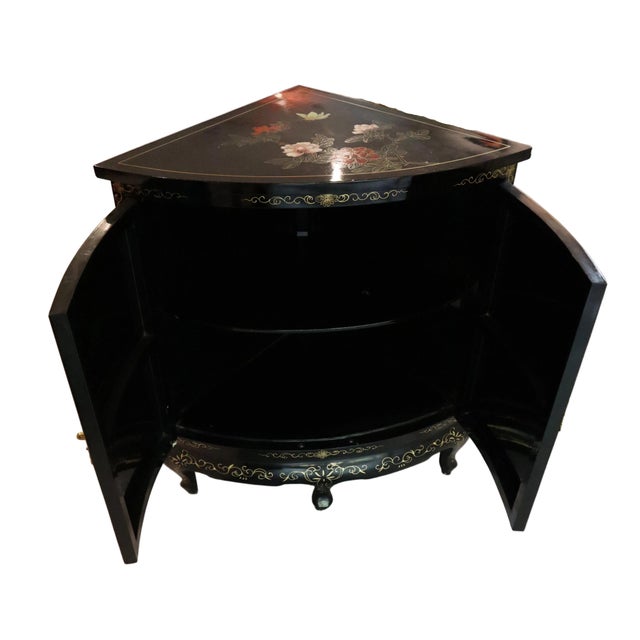 Black Lacquer Chinese Corner Cabinet With Inlaid Stone For Sale - Image 10 of 10
