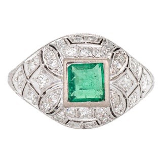 Vintage Art Deco Diamond Emerald Ring Sz 5 Platinum Fine Jewelry 1920s For Sale