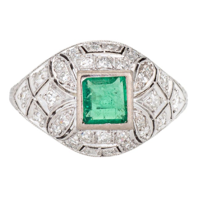 Vintage Art Deco Diamond Emerald Ring Sz 5 Platinum Fine Jewelry 1920s For Sale