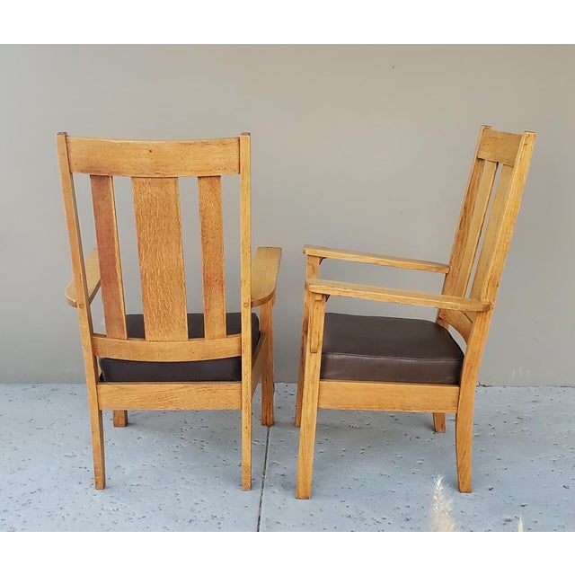 Early 20th Century Early 20th Century 2 Matching 1910 Mission Quarter Sawn Oak & Removable Leather Seat Arm Chairs For Sale - Image 5 of 18