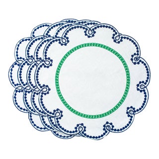 Fete Blue/Green Eyelet Embroidered Linen Placemats, Set of 4 For Sale