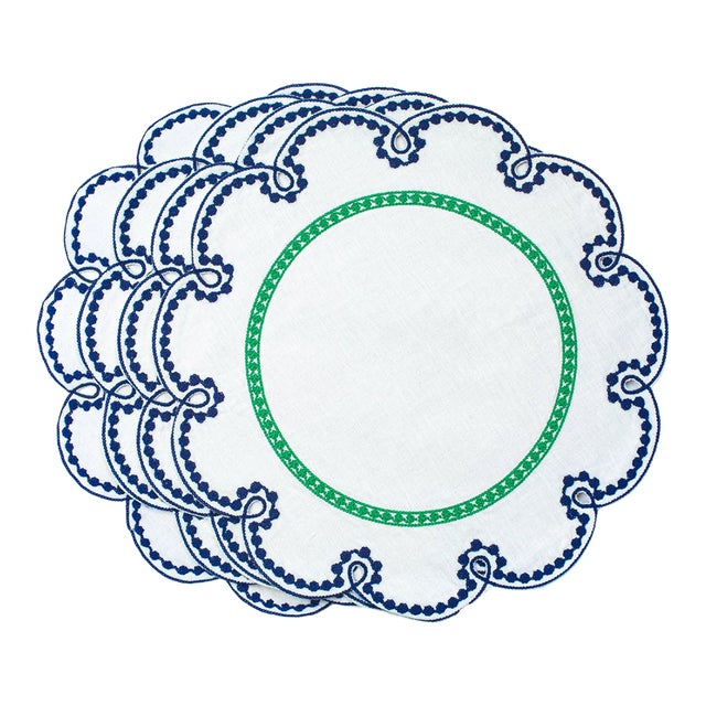 Fete Blue/Green Eyelet Embroidered Linen Placemats, Set of 4 For Sale