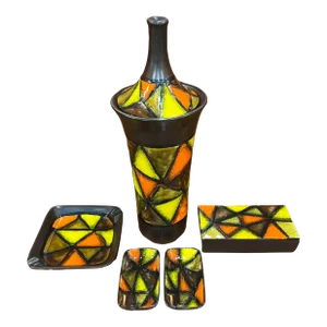 5 Piece Set Mid-Century Modern Italian Lidded Vase, Ashtray’s/ Catchall, Cigarette Case/Trinket Box by Aldo Londi for Bitossi