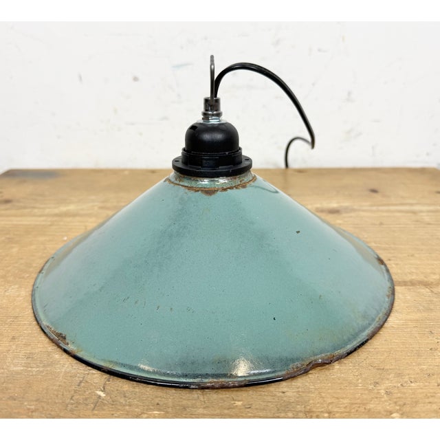 Industrial Petrol Enamel Factory Pendant Lamp, 1960s For Sale - Image 9 of 16