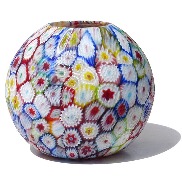 Fratelli Toso Murano Vintage Millefiori Mosaic Italian Art Glass Ball Shaped Flower Bud Vase For Sale In Orlando - Image 6 of 9