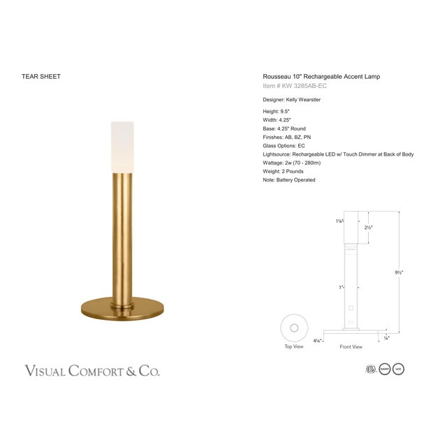 Kelly Wearstler by Visual Comfort Signature Rousseau 10" Rechargeable Accent Lamp in Antique-Burnished Brass with Etched...