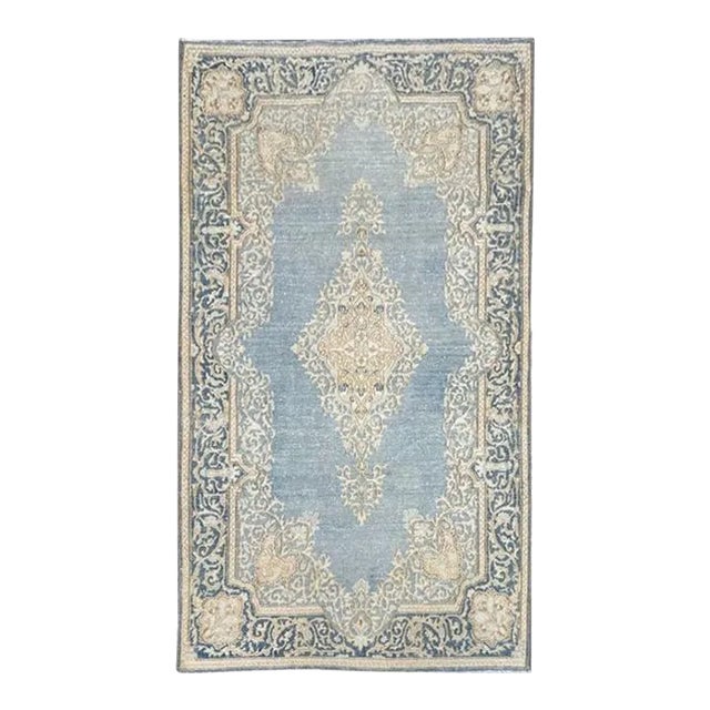 1930s Vintage Handmade Blue & Ivory Kirman Rug For Sale