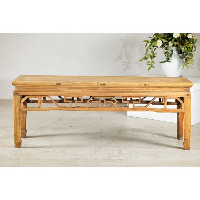 Vintage Chinese Rustic Low Table with Geometric Carved Fretwork Apron For Sale In New York - Image 6 of 12