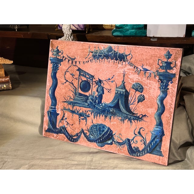 French Chinoiserie Chic Style Blue on Pink Whimsical Oil on Wood Panel Painting For Sale - Image 11 of 12