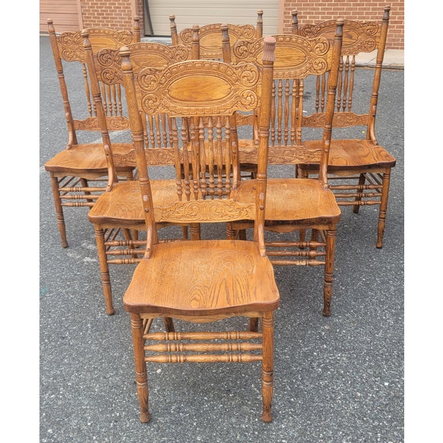 Vintage Mona Liza Furniture Handcrafted Oak Press Back Dining Chairs