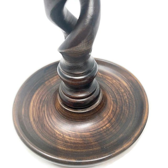 Mid 20th Century Mid-Century English Oak & Brass Open Barley Twisted Candlesticks - a Pair For Sale - Image 5 of 9