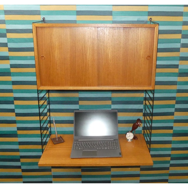 Mid-Century Modern Teak String Shelving Unit with Wall Cabinet, Desk Shelf and Black Ladders by Kajsa & Nils Nisse Strinning for String, Sweden, 1960s For Sale - Image 6 of 12