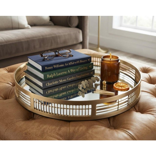AERIN Large 18" Round Heavy Mirrored Tray W/Gold Gallery Edge - For Serving, Vanity or Ottoman - Palm Beach Regency, Grandmillennial, Modern Luxe - See Pics For Sale - Image 4 of 8