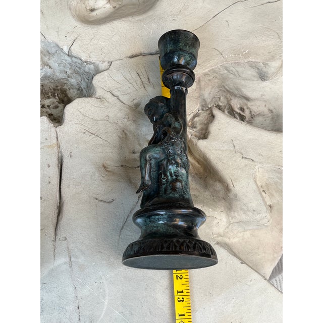 Vintage French Style Patinated Brass and Bronze Figural Cherub Putti Candlesticks - A Pair For Sale - Image 4 of 13