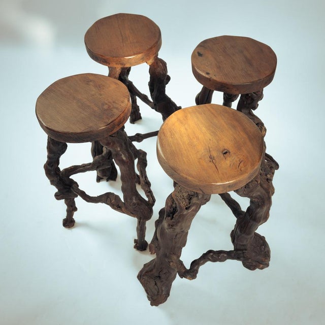 Brutalist Handcrafted Vine Wood and Oak Tripod Bar Stools, France, 1950s, Set of 4 For Sale - Image 17 of 18