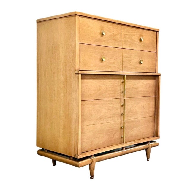 Classic Kent Coffey 5 Drawer Highboy Vintage Mid Century Modern Dresser from "The Sequence" collection. Features five...