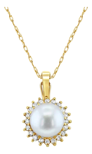 8MM Freshwater Pearl Diamond Halo Necklace 14k Yellow Gold 16"
