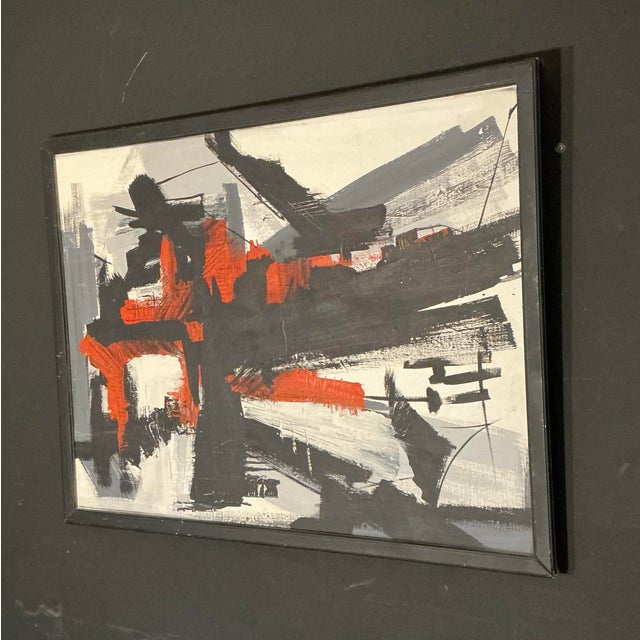 Mid-Century Modern framed abstract painting on canvas, artist Nigel Greaves. The colors are primarily black, white, gray,...