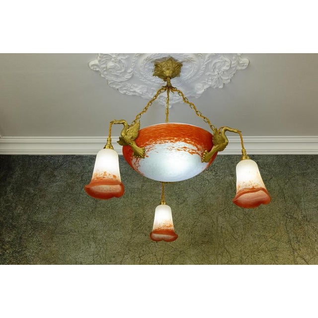 Empire French Red and White Glass and Bronze Chandelier, 1925 For Sale - Image 4 of 18
