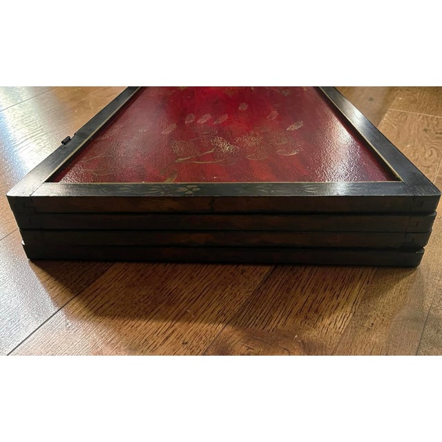 Chinoiserie Mid Century Four-Panel Deep Red/Gold Chinoiserie Screen With Decorated Black Boarder For Sale - Image 3 of 18