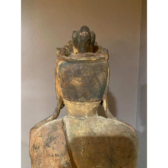 Wood Hand‑Carved Wooden Guanyin / Bodhisattva Statue – 28” Vintage Asian Figure For Sale - Image 7 of 12