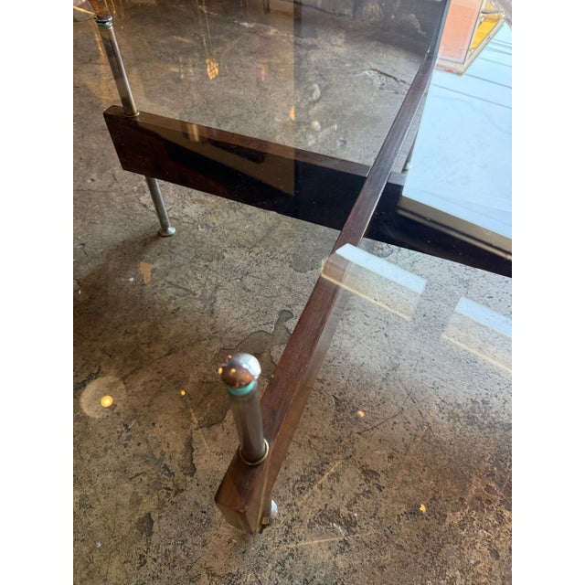 Italian Round Glass Coffee Table With Wood X-Base For Sale - Image 10 of 12