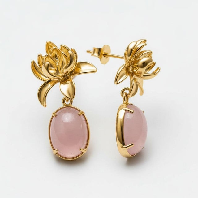 Lotus Rose Quartz Drop Earrings, Pair For Sale - Image 4 of 9