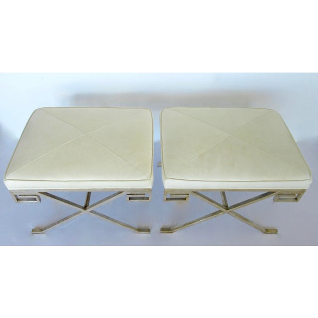 C. .2001 Nancy Corzine Gilt Sterling Silver Over Forged Metal "Greek Key," Leather Topped "Marston" Benches For Sale - Image 12 of 18