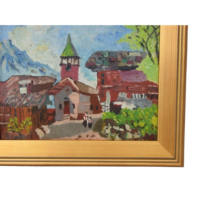 European village landscape oil painting on artist board by listed artist Silvio Silvestri (1948-2018.) Silvestri was a...