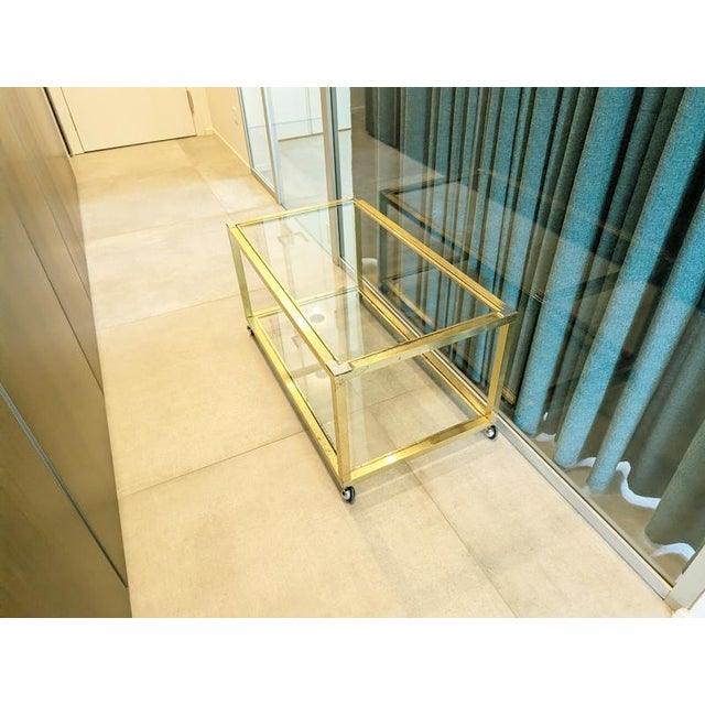 Italian Brass, Chrome Plated Metal and Glass Coffee Table with Wheels, 1970s For Sale - Image 15 of 16