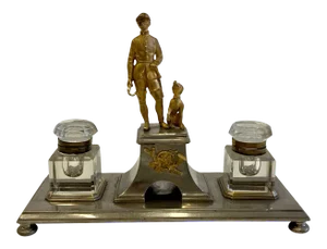 Gilt Bronze Brass and Cut Glass Horseman & Hound Dog Desk Inkwell Set