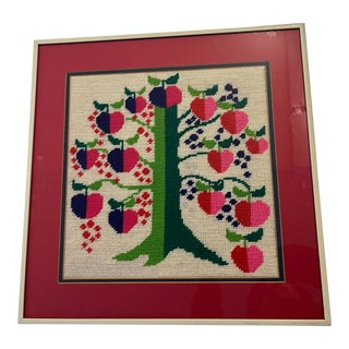 Framed Crewel Embroidery of an Apple Tree Folk Art Unknown Artist For Sale