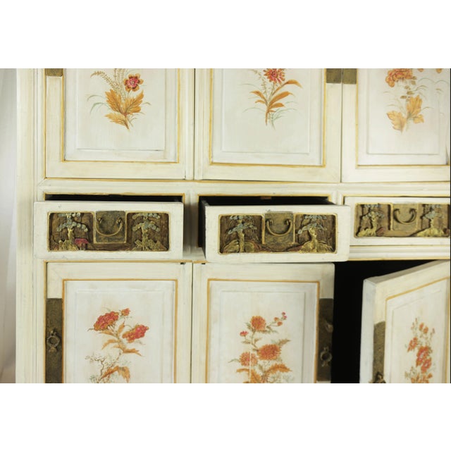 Wood Large Chinese 20th Century Cabinet With Hand Carved and Hand Painted Floral Panels For Sale - Image 7 of 9