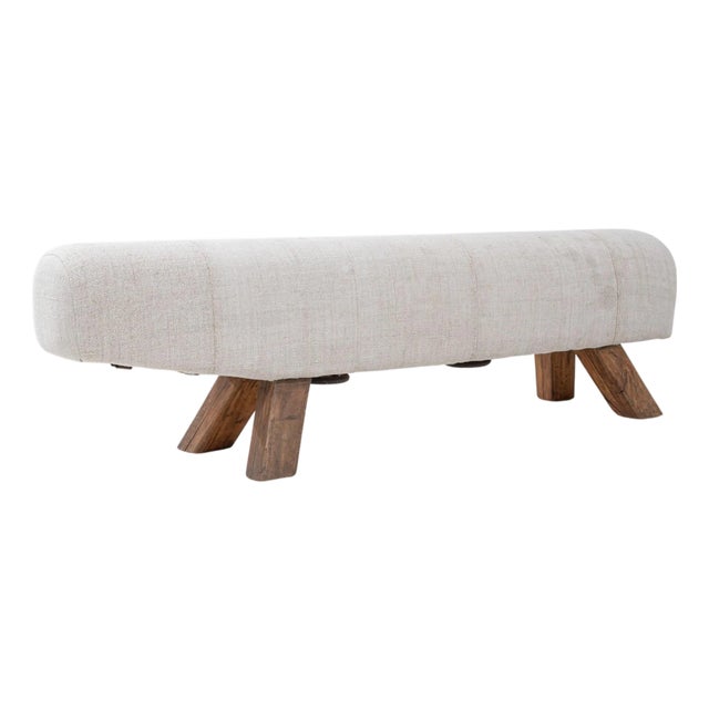 1940s Czech Mid-Century Modern Upholstered Bench With Angled Wooden Legs For Sale