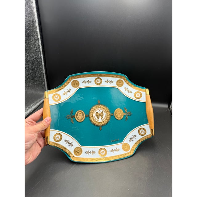 Georges Briard Vintage MCM Georges Briard Teal & Gold Butterfly Curved Glass Tray W/ Wood Handles For Sale - Image 4 of 10