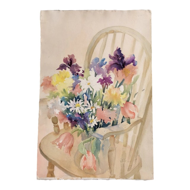 Original Vintage Watercolor Painting Still Life With Flowers on Chair For Sale