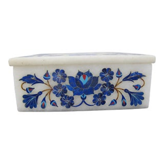 Taj Mahal White Marble Lapis Lazuli Flower Inlaid Jewelry Trinket Box With Lid For Sale