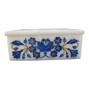 Taj Mahal White Marble Lapis Lazuli Flower Inlaid Jewelry Trinket Box With Lid