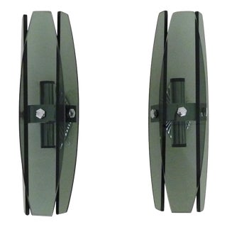Vintage Italian Wall Lights in Smoked Glass and Chrome by Veca for Fontana Arte, 1970s, Set of 2 For Sale