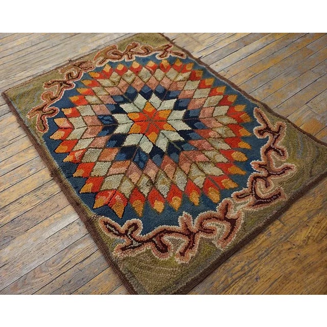 American Excellent Multicolored With Unique Symmetrical Desing Forming a Star in the Center Antique American Hooked Rug For Sale - Image 3 of 13
