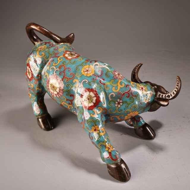Vintage Cloisonné Enamel Ox Statue With Floral Motif For Sale - Image 4 of 9