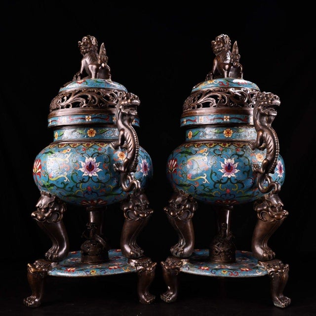 Traditional Late 20th Century Pair of Gilt Bronze Cloisonné Enamel Incense Burners With Lion Finials For Sale - Image 3 of 10