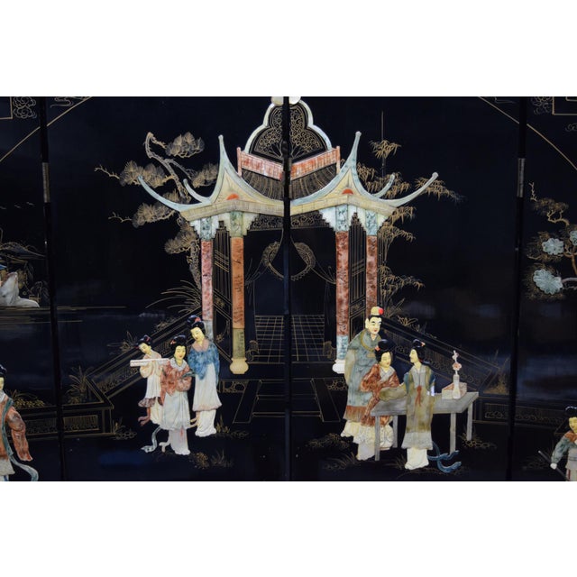 Black Chinese 4-Panel Stone Inlay Lacquered Scenic Wooden Folding Floor Screen Room Divider For Sale - Image 8 of 13